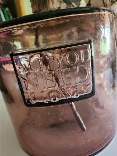 Large Glass Pink Small Neck Bottle "All You Need Is Love" With Cherry Blossoms - Picture 9 of 10