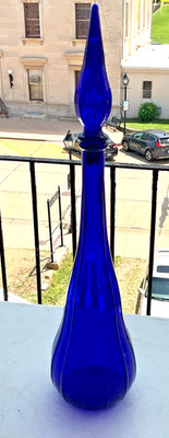 Vintage AS IS READ MCM Empoli Ribbed Paneled Cobalt Blue 22'' Glass Genie Bottle