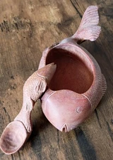Hand Carved Wooden Fish Salt Cellar and Spoon Artist Signed 