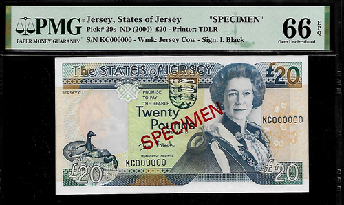 Jersey 20 Pounds 2000 SPECIMEN PMG 66 EPQ UNC P#29s Queen Elizabeth II - Picture 1 of 4