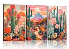 Framed Cactus Canvas Wall Art Green Pink Orange Plant Floral Wall decoration ...