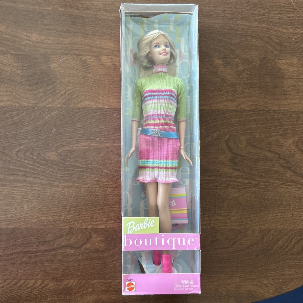 2002 Mattel Barbie Boutique Blonde Doll Striped Sweater Dress