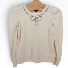 Express Sweatshirt Large Cream Rhinestone Bow Puff Sleeve Crew Neck Fleece