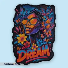 Floral Dream Black Girl Patch - Embroidered Neon Portrait, Iron On for Jackets