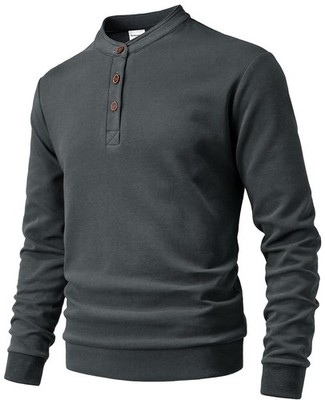 Mens Fleece Sweatshirt Henley Pullover Long Sleeve Shirt Cotton Basic Fleece P...