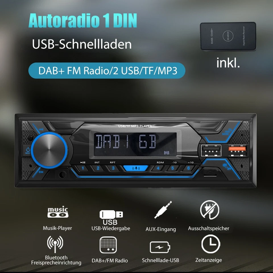 1 Din Autoradio SD RADIO Bluetooth DAB+ FM Aux-In Auto MP3-Player Fernbedienung - Bild 2 von 4