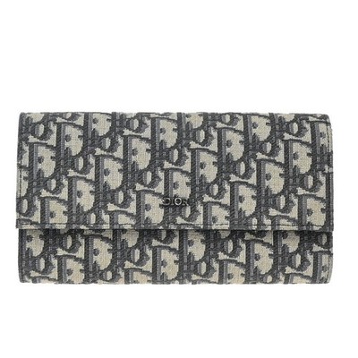 CHRISTIAN DIOR Logo Trotter Oblique Long Wallet Jacquard Leather Blue 81EG317