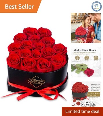 Romantic Preserved Rose Keepsake - Heart Box Gift with 16 Red Roses