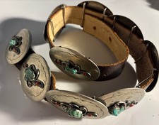 Vintage Nickel Coral Turquoise Leather Concho Belt 9 Conchos Heavy