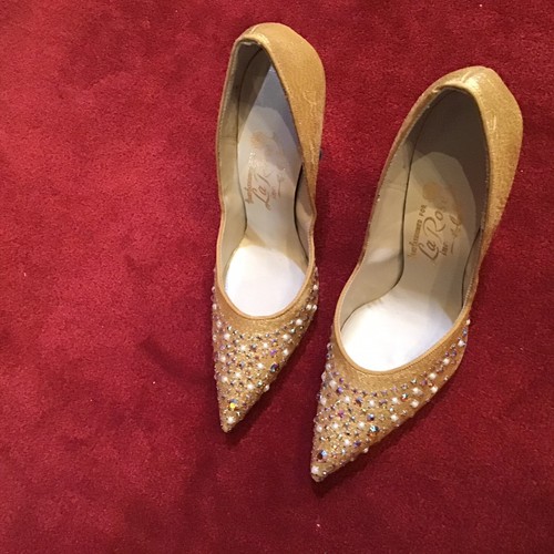 Vintage 50’s 60’s Joseph Larose Gold Lame Pump Rhinestones Heel Shoe NOS Evening - Picture 3 of 7