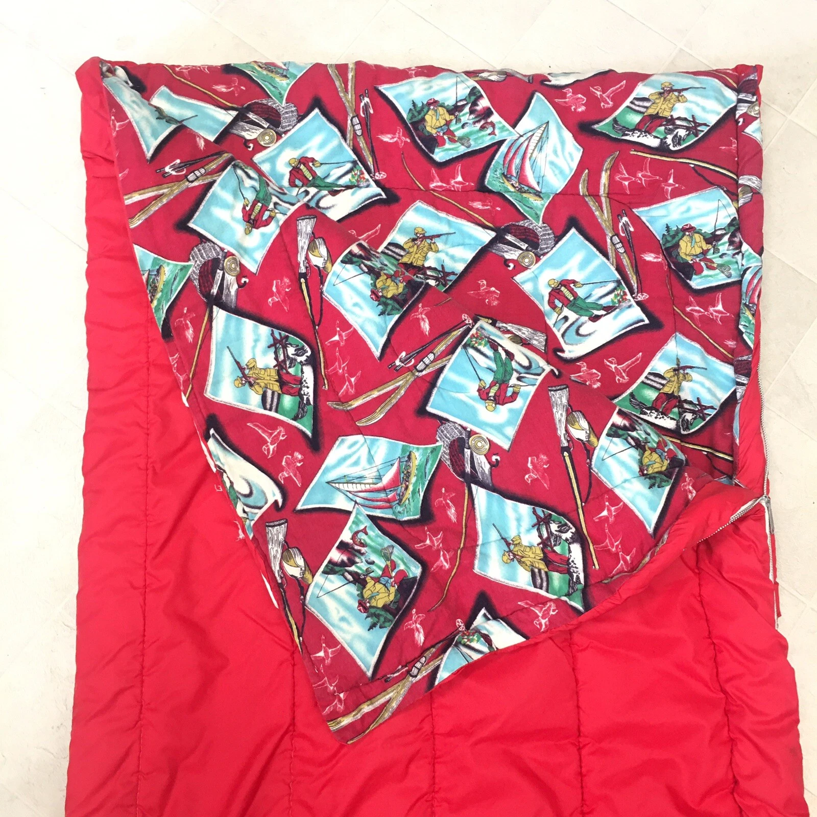 Vintage MCM Red Sleeping Bag Camping Flannel Lined Duck Hunting Fishing Skiing