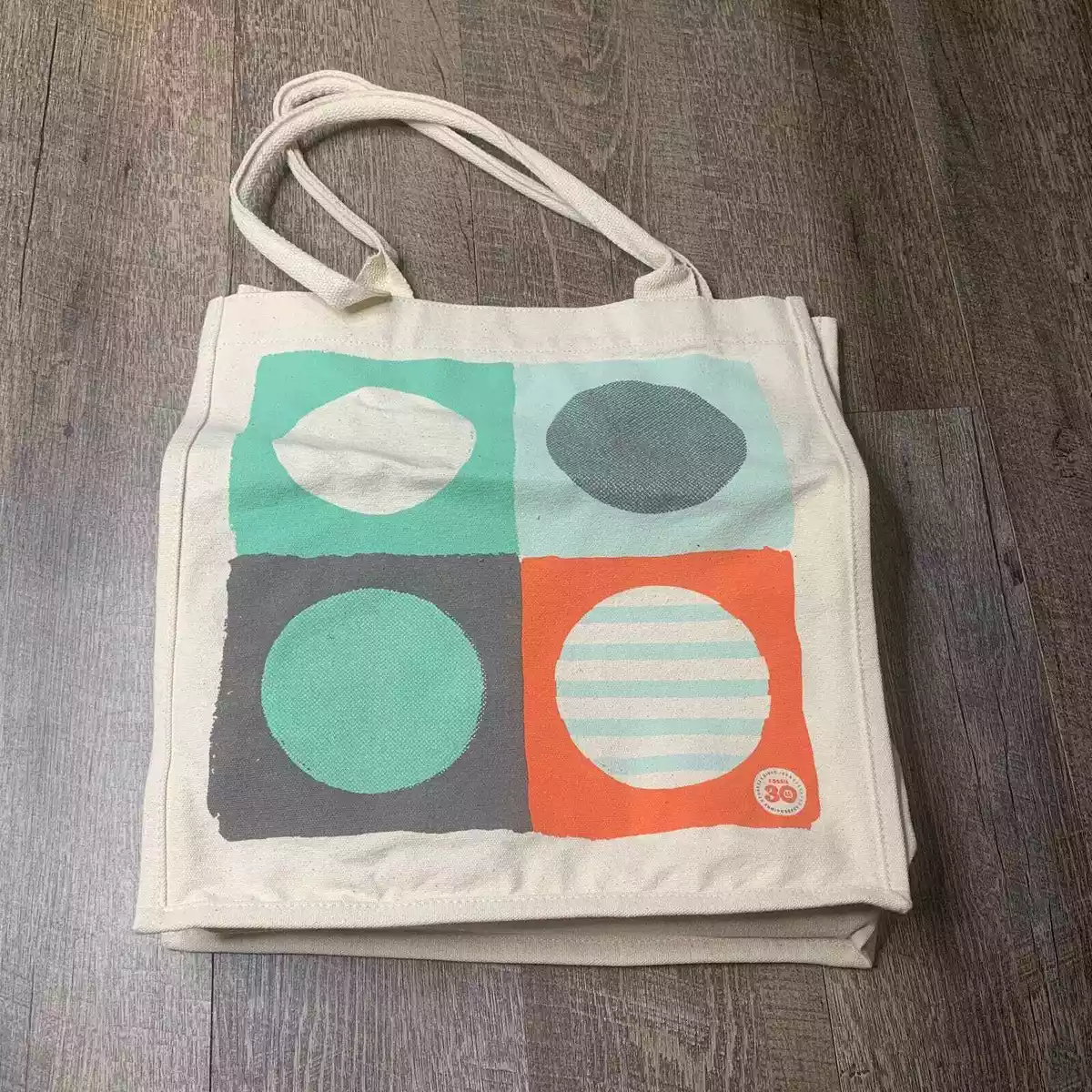 Fossil Tote Bag Beige Canvas Geometric Print Reusable 30th Anniversary Grocery