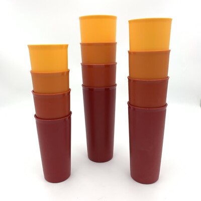 12 Vtg Tupperware Autumn Harvest Gold Orange Red Cups Complete Set Rarely Used
