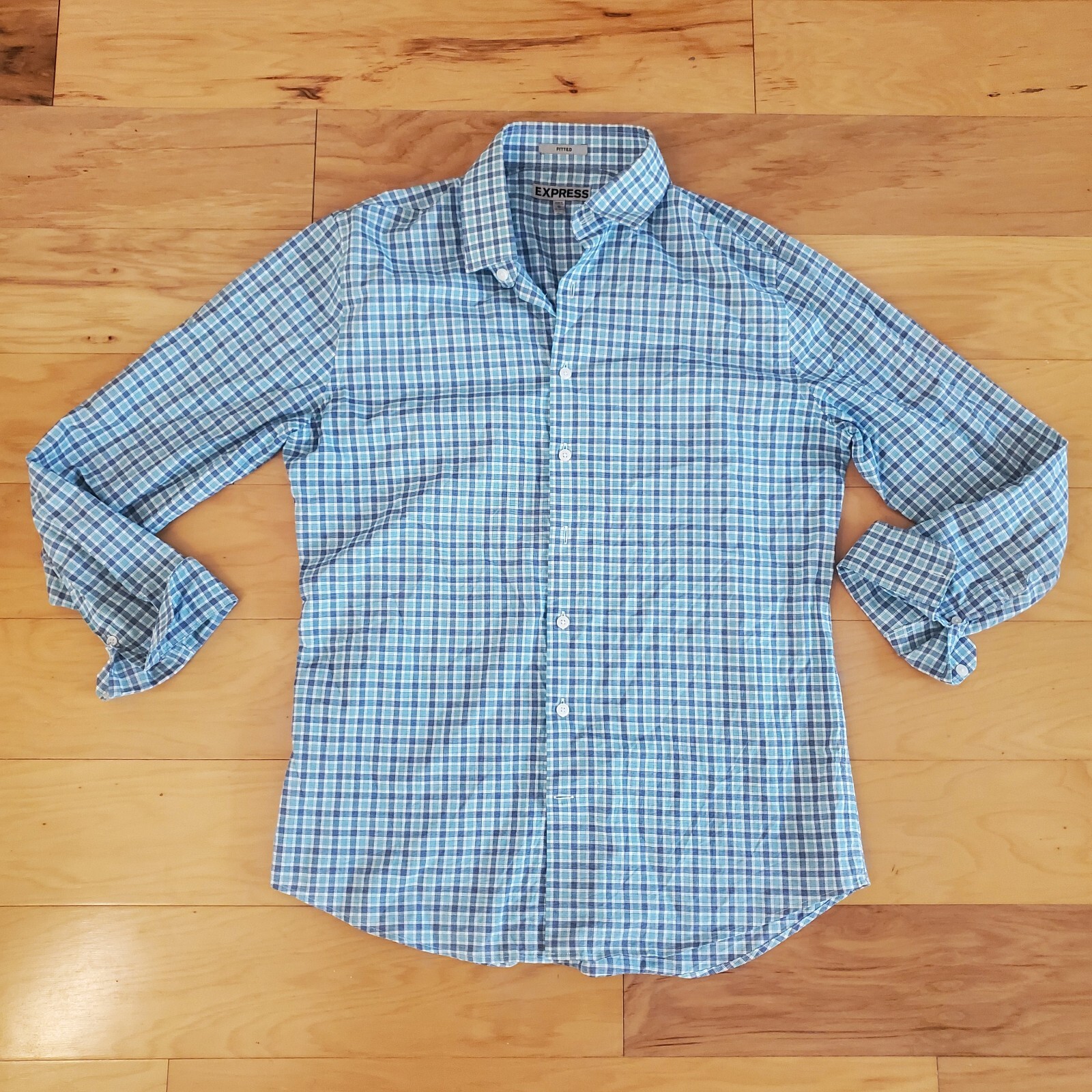 Express Fitted Blue Checkered Button Down Shirt M… - image 1