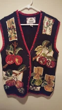 Vintage Clothing Sweater Vest w/ Fruit - Tiara International - Medium M - Black
