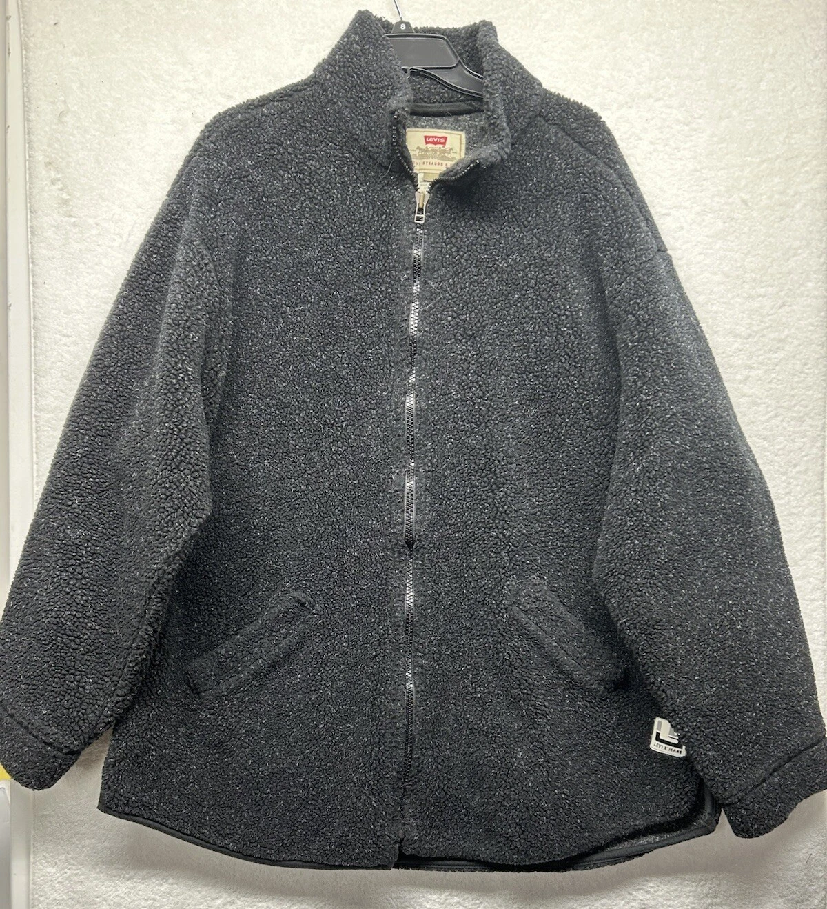 Levis Mens Size L Black Long Sleeve Full Zip All Over Sherpa Trucker Jacket