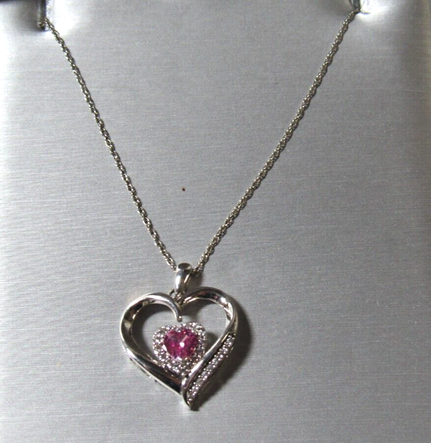 Zales Sterling Silver Open Heart Pink White Sapphire Pendant 18