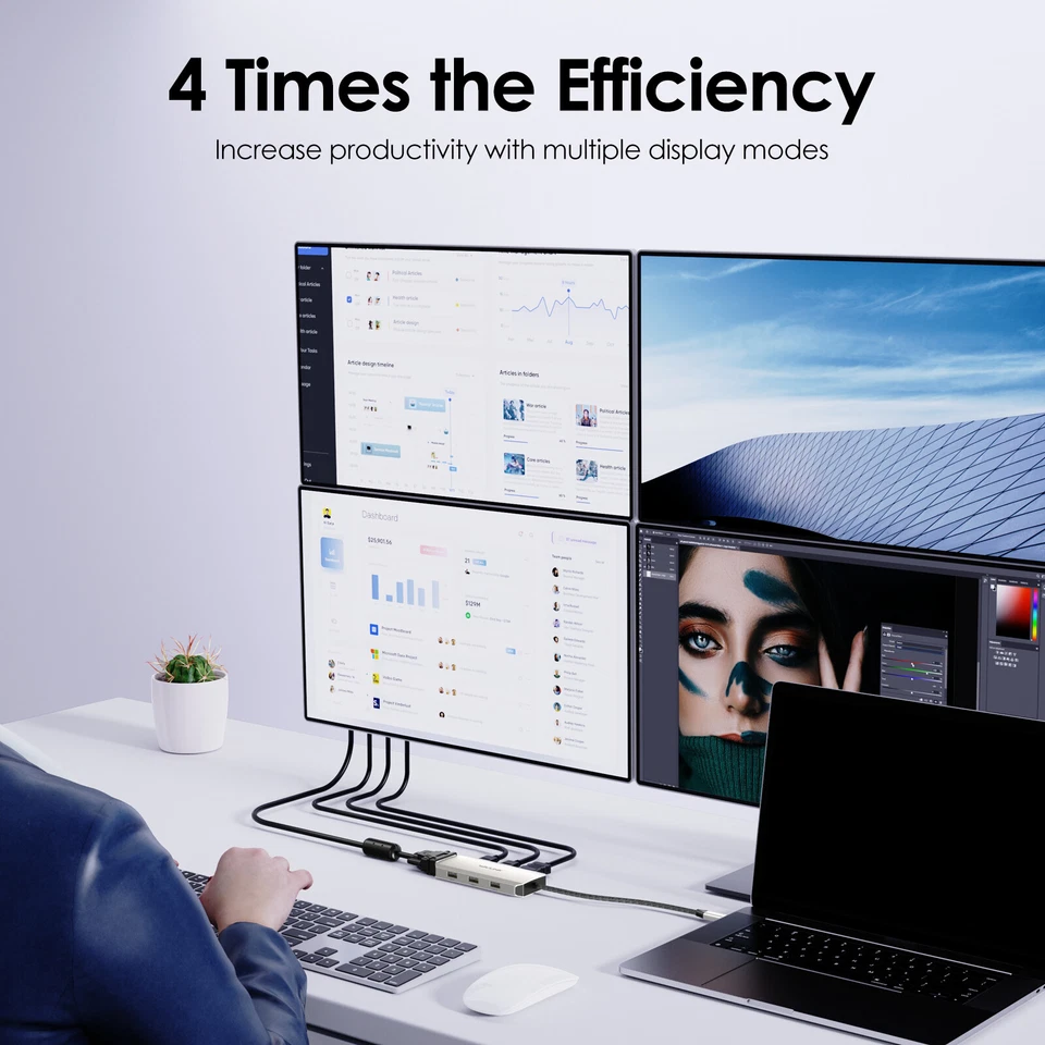 Quad Monitor USB-C Laptop Docking Station 2x 4K HDMI 4K DP VGA 3x USB2.0 7-in-1 - Image 3 of 4