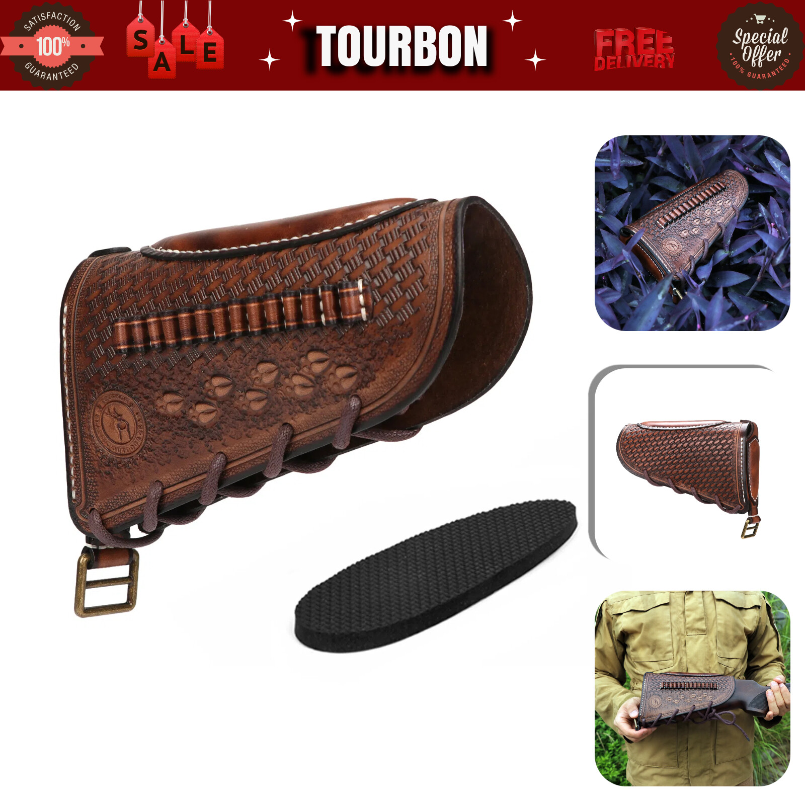TOURBON Retro Leather Recoil Pad Rifle Buttstock Cover .22 Ammo Carrier Hunting