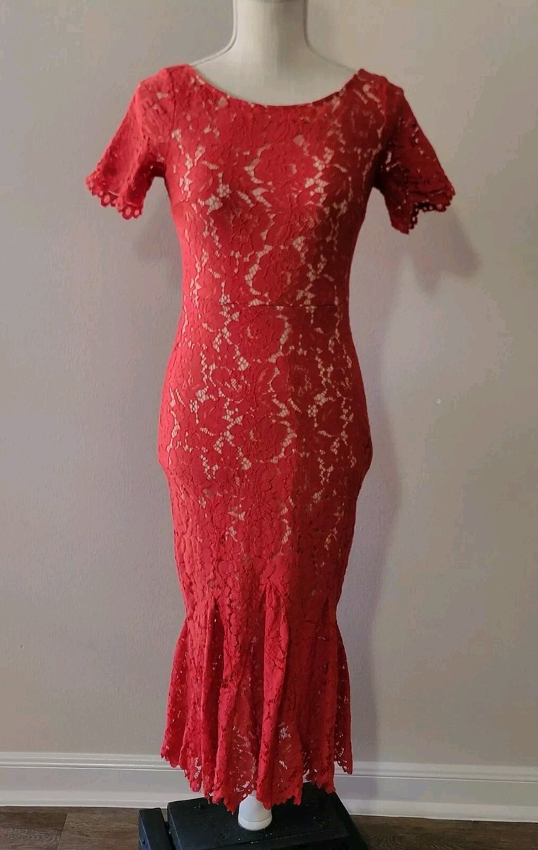 Red Lace Mermaid Dress XS Long Party Dress Bodycon Stretch Short