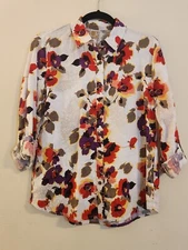 JM Collection Women's Size 6 Floral linen button-Down Roll Tab Sleeve Shirt