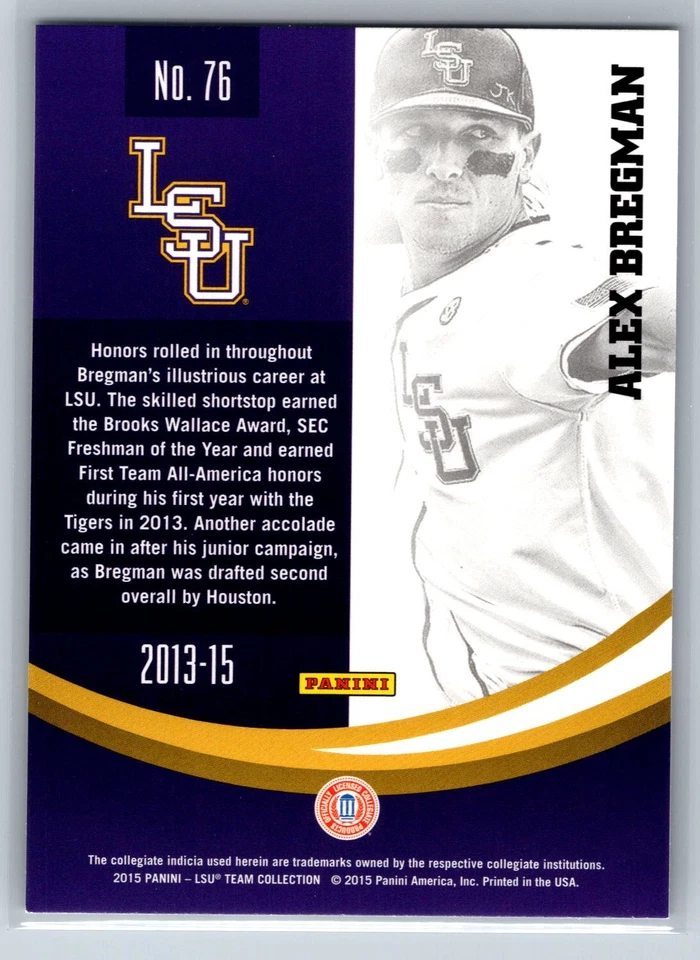 2015 Panini Collegiate LSU Alex Bregman Rookie RC #76 - Image 2 of 2