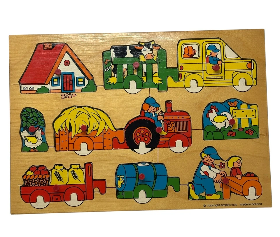 SIMPLEX TOYS Lot 2 Wooden Wood Peg Puzzle Farm Tractor Animals Holland - Image 3 of 4