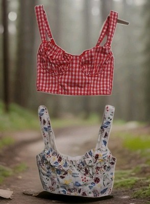   Colsie Women's Woven Corset Bra Fruit Print & Red Gingham Size XS SET OF 2 