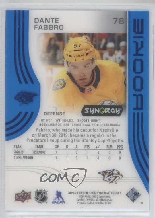 2019-20 Upper Deck Synergy Rookies Blue 59/399 Dante Fabbro #78 Rookie RC - Image 2 of 3