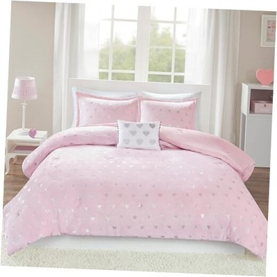  Queen Comforter Set, 4 Piece Metallic Hearts Cozy Full/Queen Pink/Silver