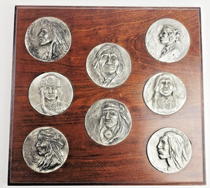 Rare Joe Beeler Set of 8 Sculptural Pewter Medallions for Eddie Basha Wood Inset