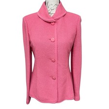 St John TEXTURED KNIT Blazer Size 6 BUBBLE GUM PINK Wool Silk Blend Round Collar
