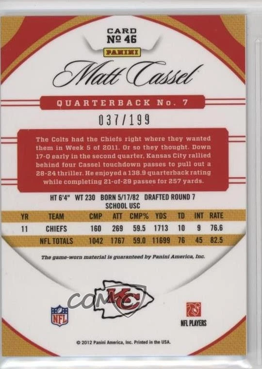 2012 Certified Materials Mirror Red /199 Matt Cassel #46 - Image 2 of 2