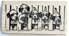 VTG 100 Proof Press Wood Mount Rubber Craft Stamp 6 Puppy Dogs in Fence - READ