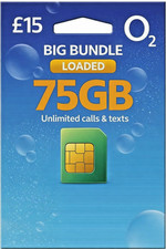 O2 SIM CARD BIGBUNDLE £15 02 PAY AS YOU GO STANDARD MICRO NANO LOADED  75GB DATA