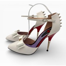 GUCCI Sadie *RARE* 2018 Studded Sz 38.5 White Leather Bow Heels Pumps 8.5