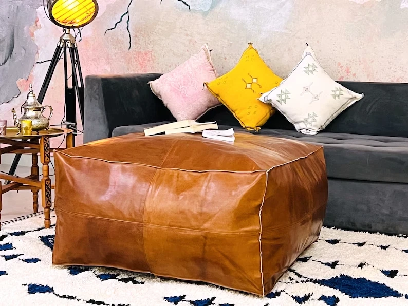 Boho Pouf Unstuffed New Brown Square 30'' Vintage Wonderful Handcraft Footrest - Image 3 of 4