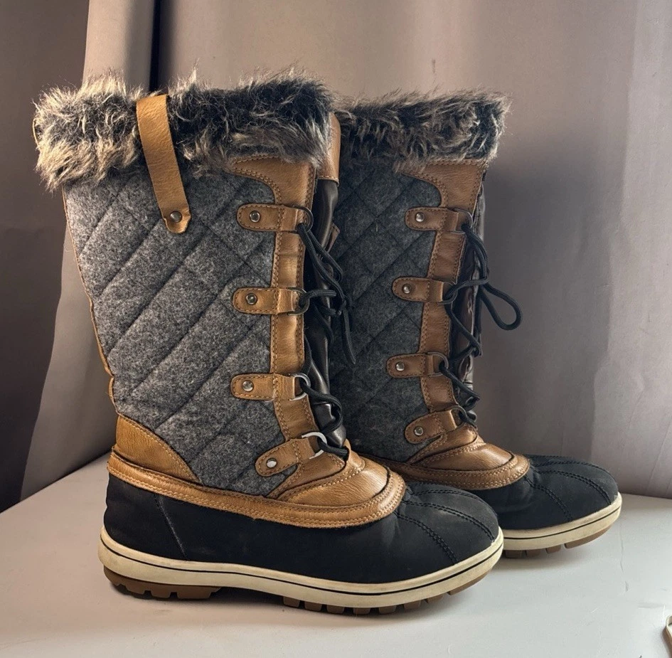 Woman’s Snow Boots Tamarack Gray Black Tan Mid Lace Up Winter Sz 8 M/ Fur Trim