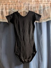 Vtg 1970s Black Bodysuit Short Sleeve Leotard Aerobics/Dance No Tag Stretch Snap