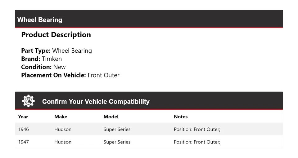 Cojinete de rueda exterior delantero Timken para 1946-1947 Hudson Super Series Foto 2 de 4