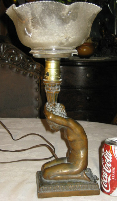 ANTIQUE KBW BRONZE CLAD ART DECO NUDE LADY BUST TORCH STATUE SCONCE SHADE LAMP