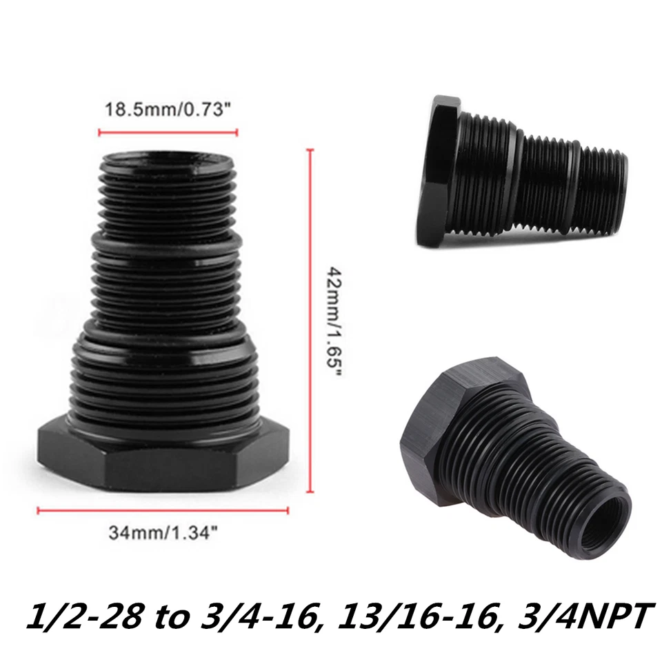 Adaptador de filtro de aceite roscado automotriz 1/2-28 a 3/4-16, 13/16-16, 3/4NPT NEGRO+ Foto 2 de 4