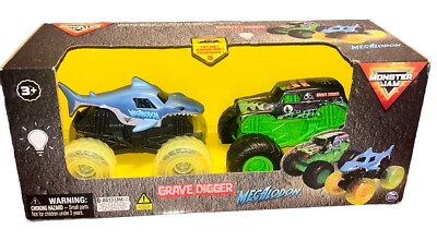 Monster Jam GRAVE DIGGER & MEGALODON 2pk Light-Up Mini Monster Trucks 1:43 Scale