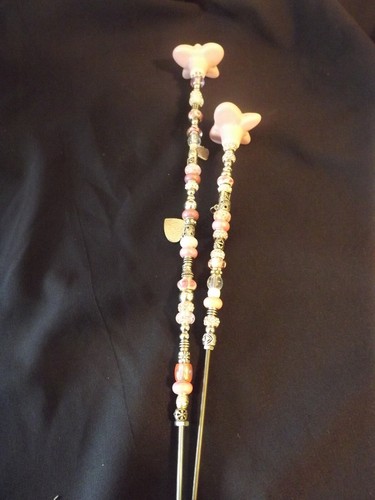 2 Garden Stake FAIRy WandS Lampwork Bead PINK & SILVER BUTTERFLY TOPPER 13" 19" - Picture 4 of 16