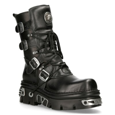 New Rock M.373-S4 Metallic Boots Black 100% Leather Goth Biker Emo Fashion