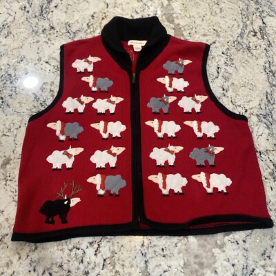 Bechamel Vintage Red Sheep Sweater Vest Cardigan Full Zip Christmas Womens Sz L