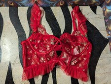 For Love  Lemons Rouge Bustier XS NWT, Bright Red, Rose Embroidery, Ruffle Trim