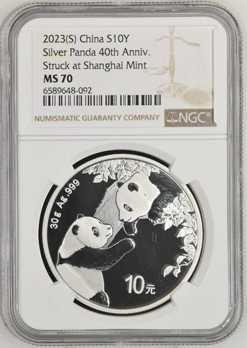 2023(S) CHINA S10Y SILVER PANDA 40TH ANNIV. STRUCK AT SHANGHAI MINT NGC MS 70