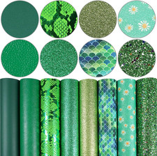 8 Pieces 8X12 Inch Faux Leather Sheets Green Fine Chunky Glitter Metallic Litchi