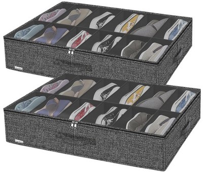 Under Bed Shoe Bin, Set of 2, Holds 24 Pairs Total, Zipper Closure